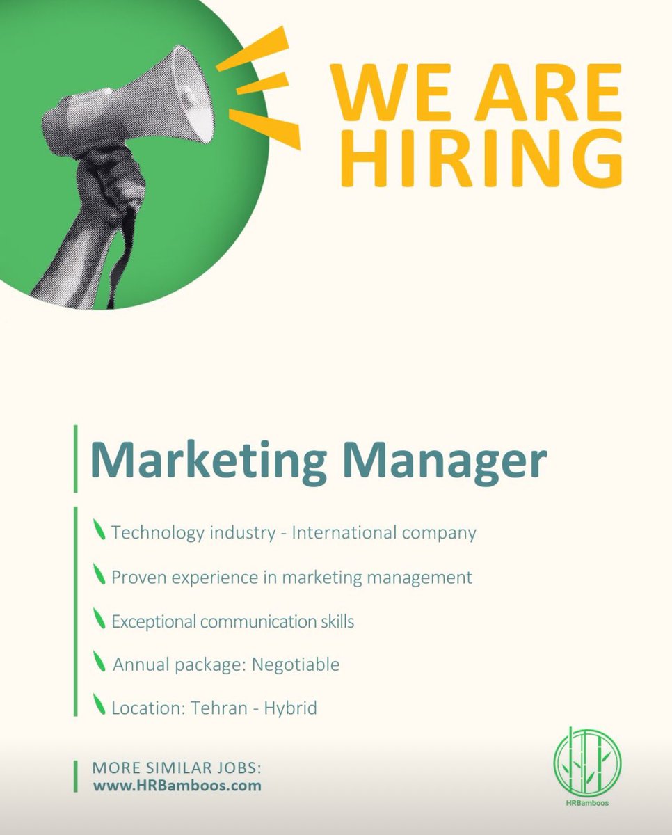 HRBamboos's tweet photo. #موقعیت_شغلی
Marketing Manager

⬇️ جهت بررسی جزئیات و ارسال رزومه به وبسایت ما مراجعه کنید ⬇️
https://t.co/INDxOYC7Wg

#hrbamboos #hiring #joboffer #HR #marketing #مارکتینگ #مدیر_مارکتینگ #job #استخدام #ریتوییت https://t.co/izhCFTXYlQ
