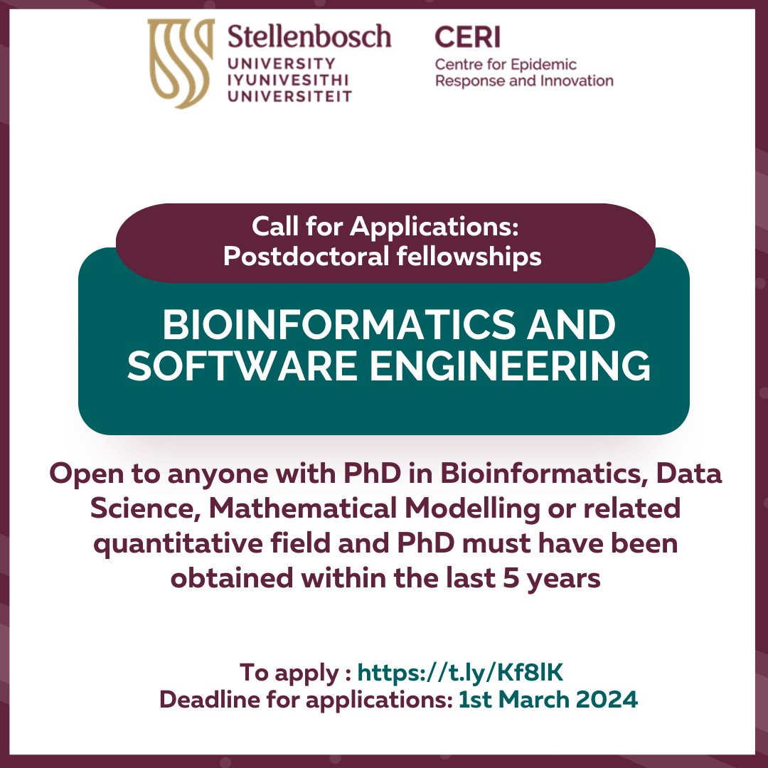 Centre for Epidemic Response & Innovation (CERI) (@ceri_news) on Twitter photo Are you a recent PhD graduate? Got your PhD within the last 5 years? Interested in Bioinformatics & Software Engineering research? Join us at <a href="/StellenboschUni/">Stellenbosch University</a> as a Postdoc! Apply by March 1st. Apply now: t.ly/Kf8lK. for more information, email cbaxter@sun.ac.za Are you a recent PhD graduate? Got your PhD within the last 5 years? Interested in Bioinformatics & Software Engineering research? Join us at <a href="/StellenboschUni/">Stellenbosch University</a> as a Postdoc! Apply by March 1st. Apply now: t.ly/Kf8lK. for more information, email cbaxter@sun.ac.za