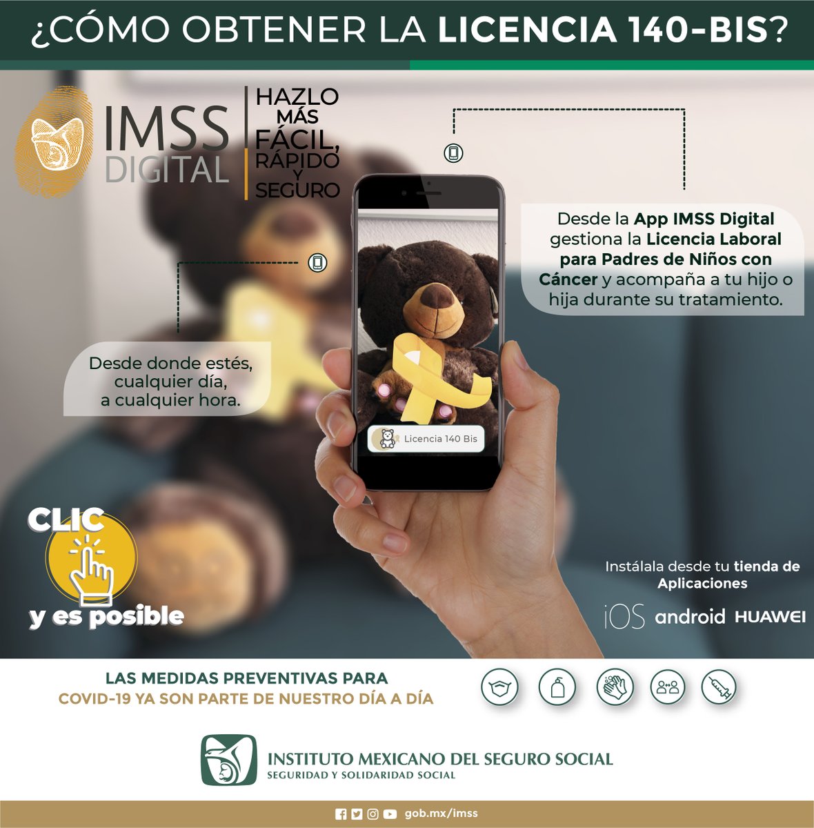 Obtén tu Licencia 140-BIS para apoyar a tu hijo durante su tratamiento contra el #Cáncer. Géstionala fácil, rápido y seguro a través de la App #IMSSDigital. ¡Cuida de tu familia con comodidad!
