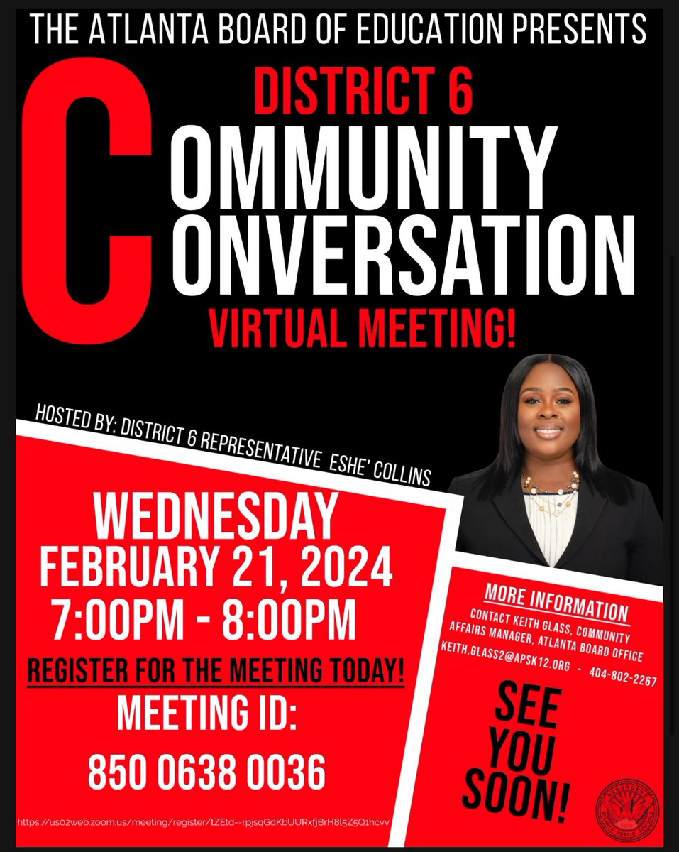 Join your District 6 Representative, Eshé Collins for a virtual community meeting happen Wednesday, February 21, 2024, at 7:00pm. Register in advance for this meeting: us02web.zoom.us/meeting/regist…