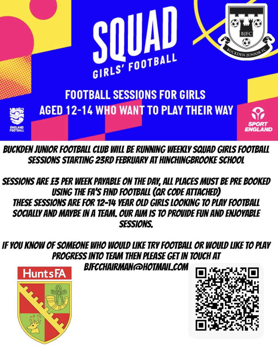 Our very first Squad girls session is Friday 23rd February at hinchingbrooke 3G 7-8pm

You can book using the QR link or via the FA’s find football website 

find.englandfootball.com

PLEASE SHARE TO HELP US REACH POSSIBLE PLAYERS FAR AND WIDE 

<a href="/HuntsFA/">Huntingdonshire FA</a> <a href="/HuntsSSP/">Hunts SSP</a> <a href="/Hunts_YL/">Hunts Youth League</a>