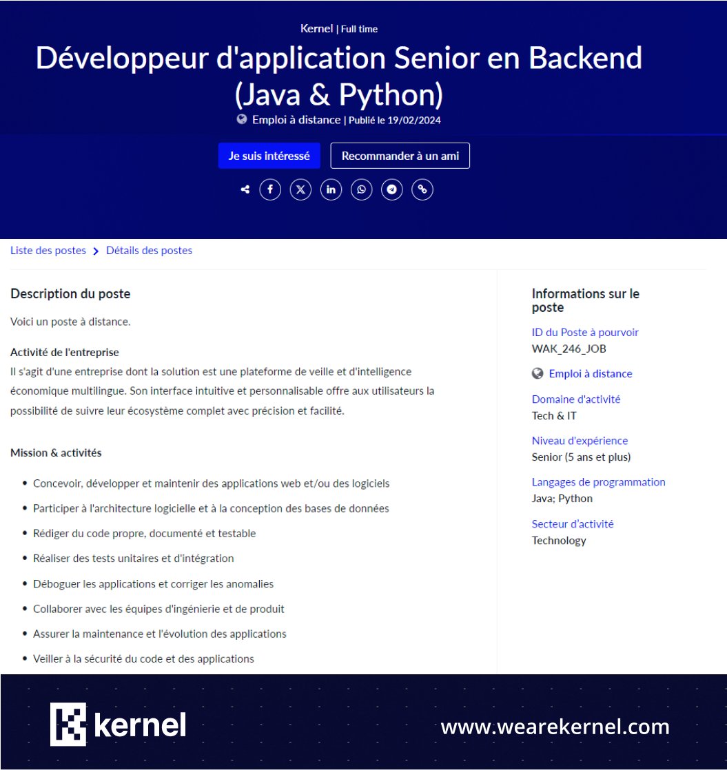 #hirring Nous recrutons au poste de Développeur d'applications Senior en #backend (Java & Python). Candidatez ici : bit.ly/4bGcQwr #kernel #Java #Python #developers #Recrutement #backenddeveloper