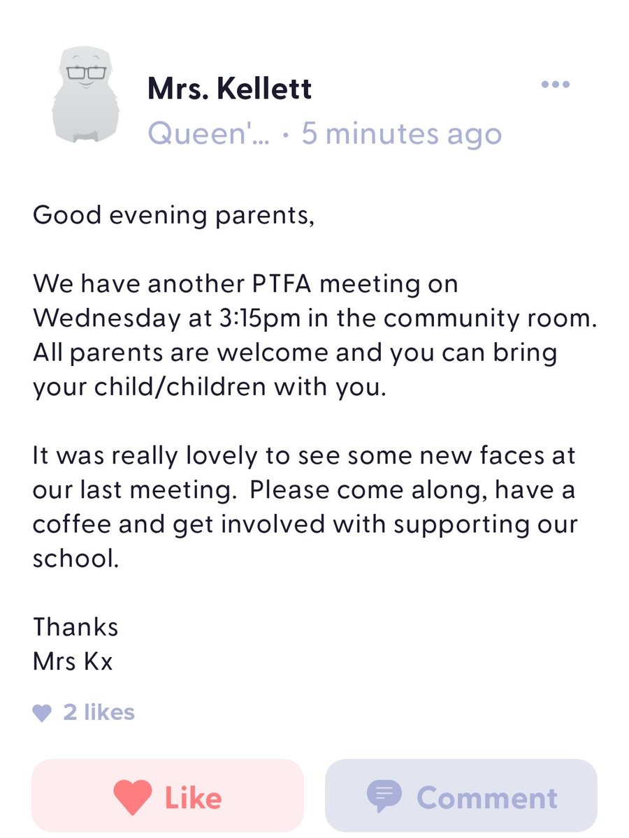 GeorginaTrainer's tweet photo. Reminder that we have a meeting tomorrow after school in the community room. Come and join us and fund out more about what we do. Georgie ptfa chair. @QueensCoEURC https://t.co/4twfXOjH7j