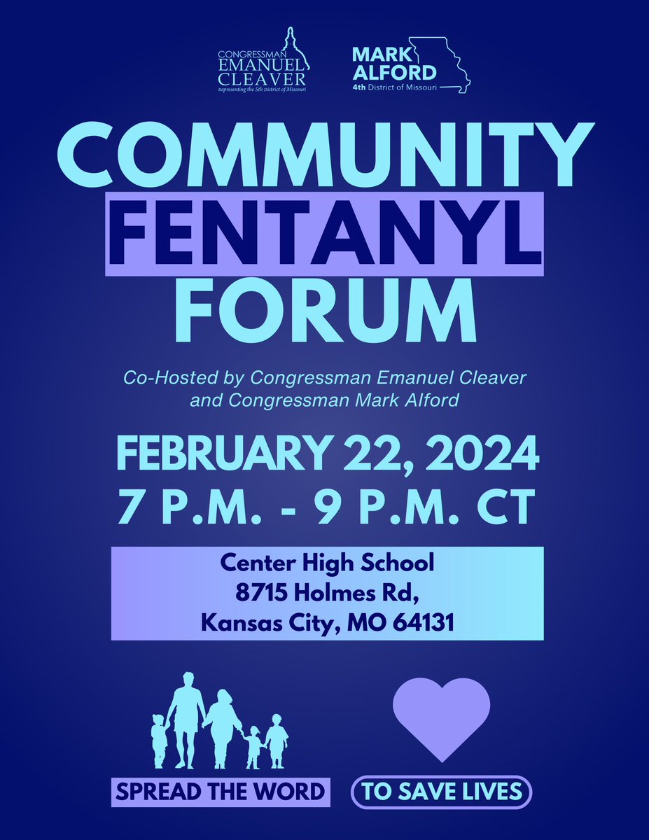 Rep. Mark Alford (@repmarkalford) on Twitter photo Our Fentanyl Forum with <a href="/RepCleaver/">Rep. Emanuel Cleaver</a> is happening this Thursday!
We believe that every voice matters in this fight against fentanyl.
Join us on February 22 for this important event. Come share your thoughts, experiences, and suggestions on how we can tackle this crisis together. Our Fentanyl Forum with <a href="/RepCleaver/">Rep. Emanuel Cleaver</a> is happening this Thursday!
We believe that every voice matters in this fight against fentanyl.
Join us on February 22 for this important event. Come share your thoughts, experiences, and suggestions on how we can tackle this crisis together.