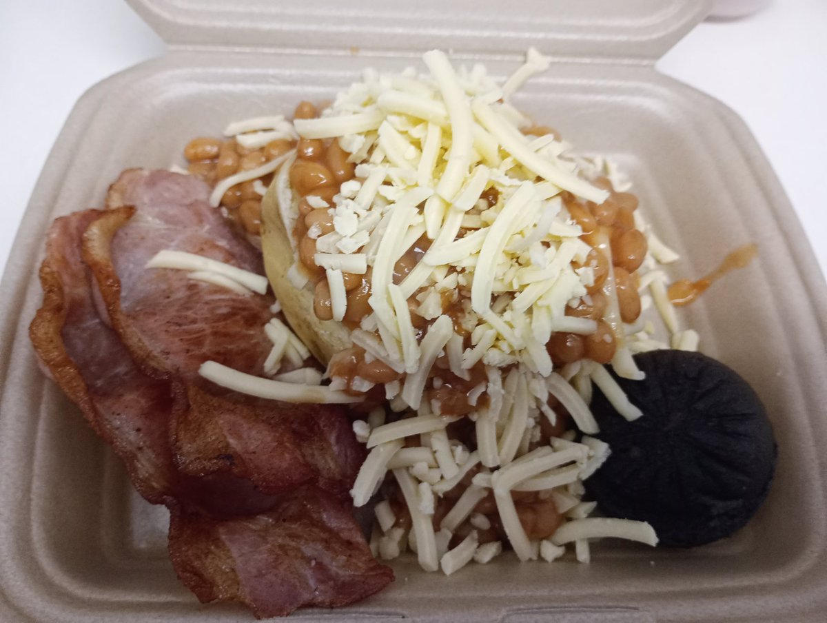 Jacket potato with cheese, beans, bacon and black pudding. #callington #takeaway #cafe