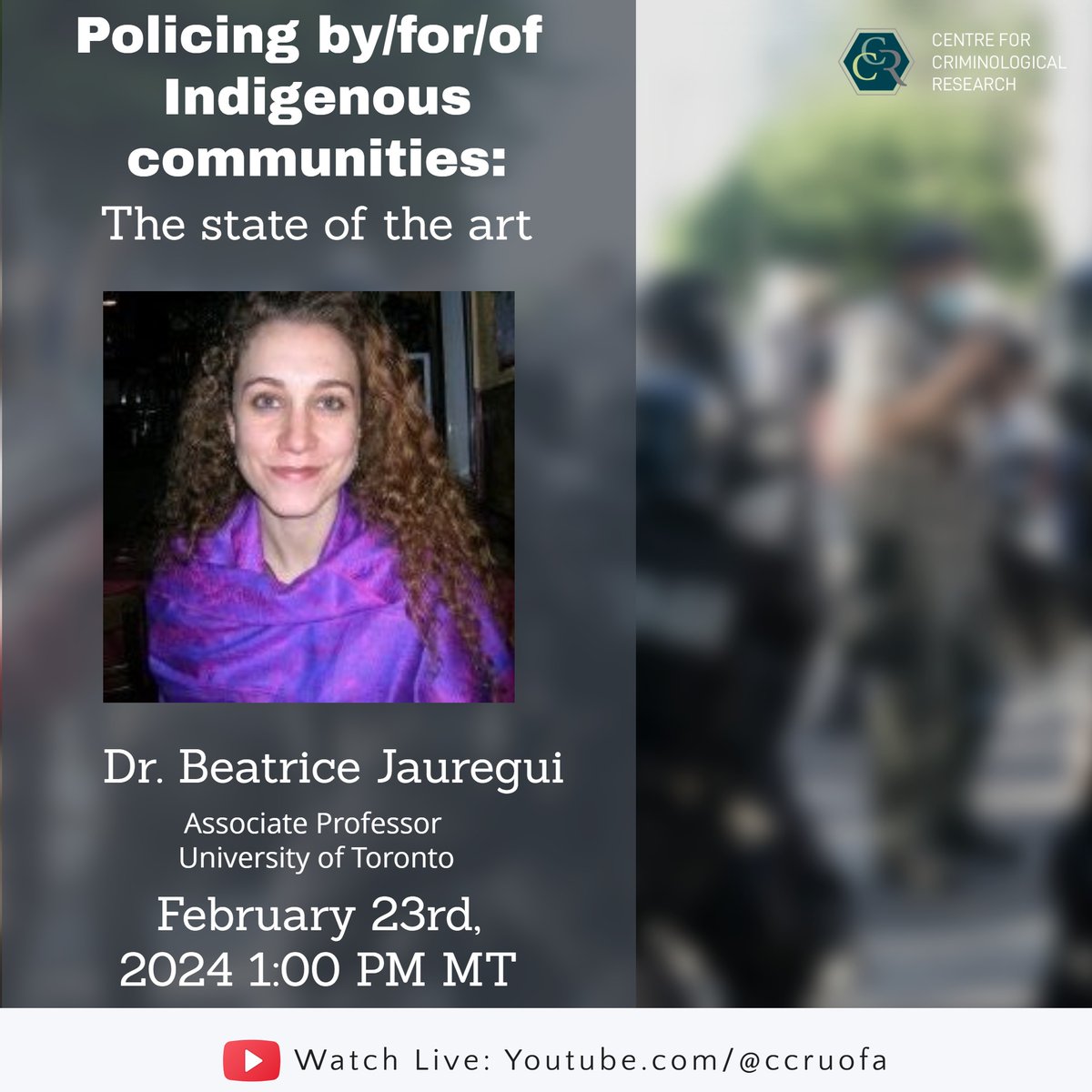 This coming Friday, Feb 23, at 1:00 pm MT, we will be hosting a talk by Dr. Beatrice Jauregui. Her talk is titled: Policing by/for/of Indigenous communities: The state of the art. Watch live on YT: youtube.com/live/m5VOsnRvc…