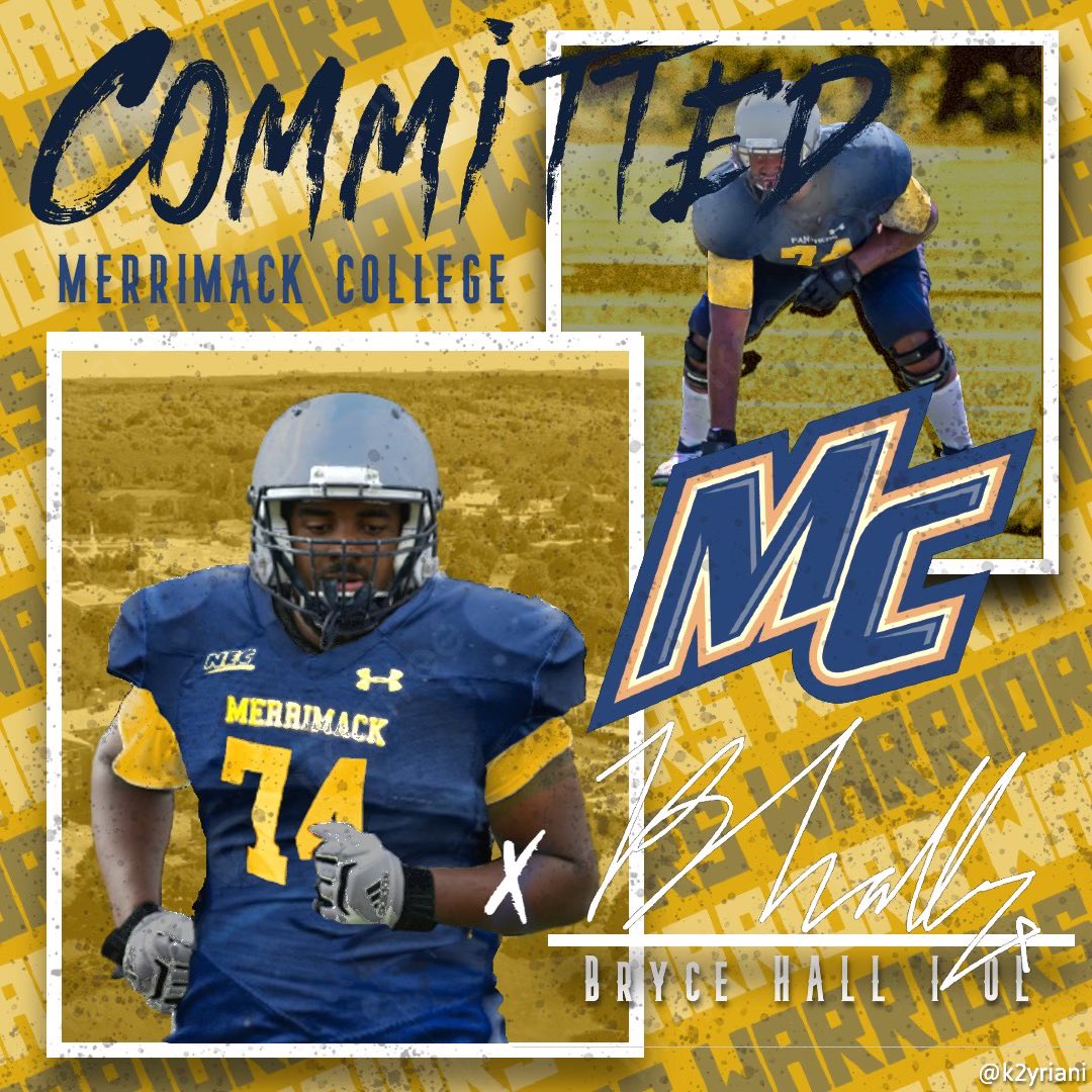 BryceAHall2's tweet photo. I’m excited to announce that I’ll be continuing my athletic and academic career at Merrimack College! #GoMack #MACKTOUGH @CoachEMorrissey @CoachGennettiMC @Merrimack_FB https://t.co/AmCfwQb2EZ