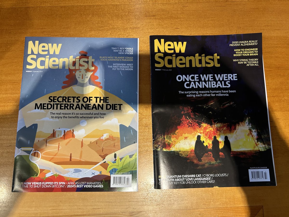 Quite pleased with this: two cover features in <a href="/NewScientist/">New Scientist</a> so far in 2024 and we’re not even out of February yet

Cannibalism: newscientist.com/issue/3478/

Mediterranean diet: newscientist.com/issue/3473/