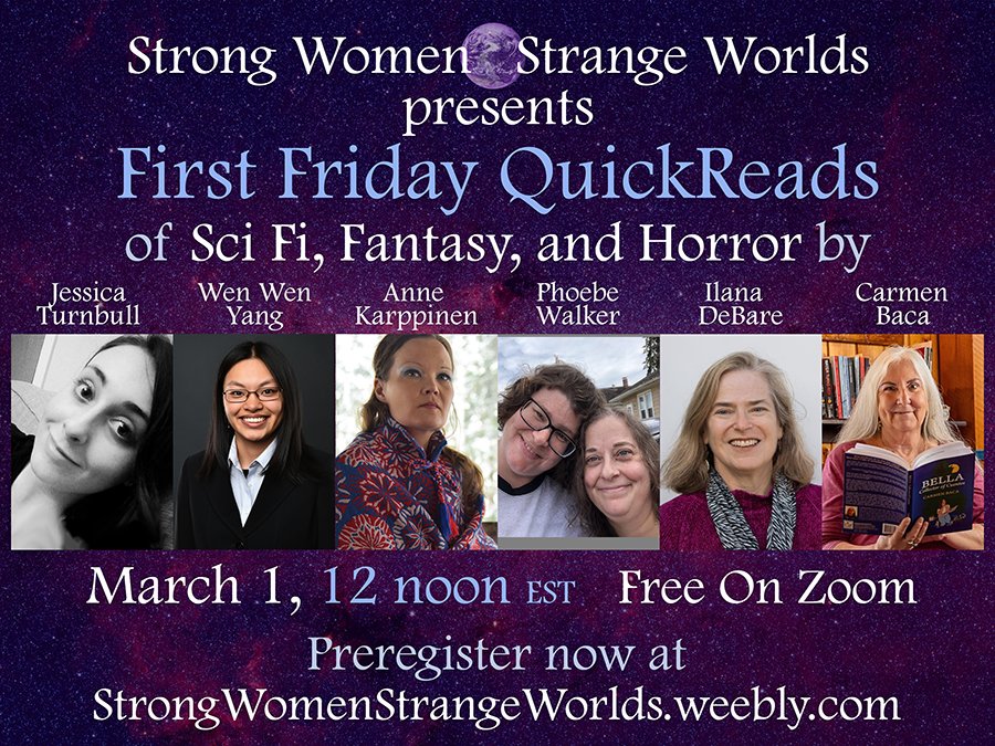 Join us for First Friday Quickreads! 

6 authors, 8 minutes each - come find your next favorite #speculativefiction read by #womenauthors and #nonbinaryauthors! **FREE**

#books, #sciencefiction, #Fantasy, #Horror, #EnbyAuthors #AuthorReading 

tinyurl.com/m5n37k5n