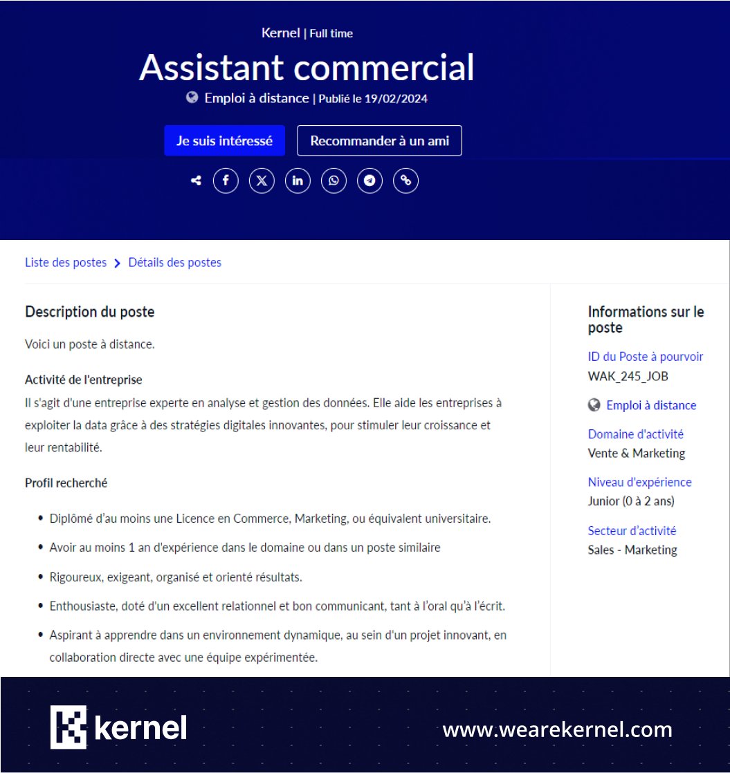 Nous #recrutons un Assistant commercial pour une entreprise française, spécialisée dans l’analyse et la gestion des données. Plus de détails : bit.ly/3uHt6MZ #kernel #emploi #commercial