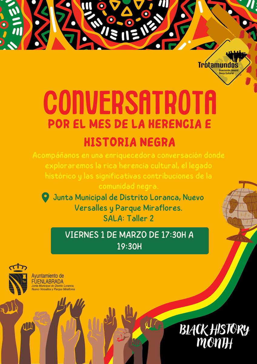 Holaaaa, estamos de vuelta con los conversatorios!!!

En esta ocasión, abrimos temporada con el mes de la herencia y la historia negra el viernes 1 de marzo en la Junta Municipal de Loranca a las 17:30

Puedes apuntarte aquí: docs.google.com/forms/d/e/1FAI…