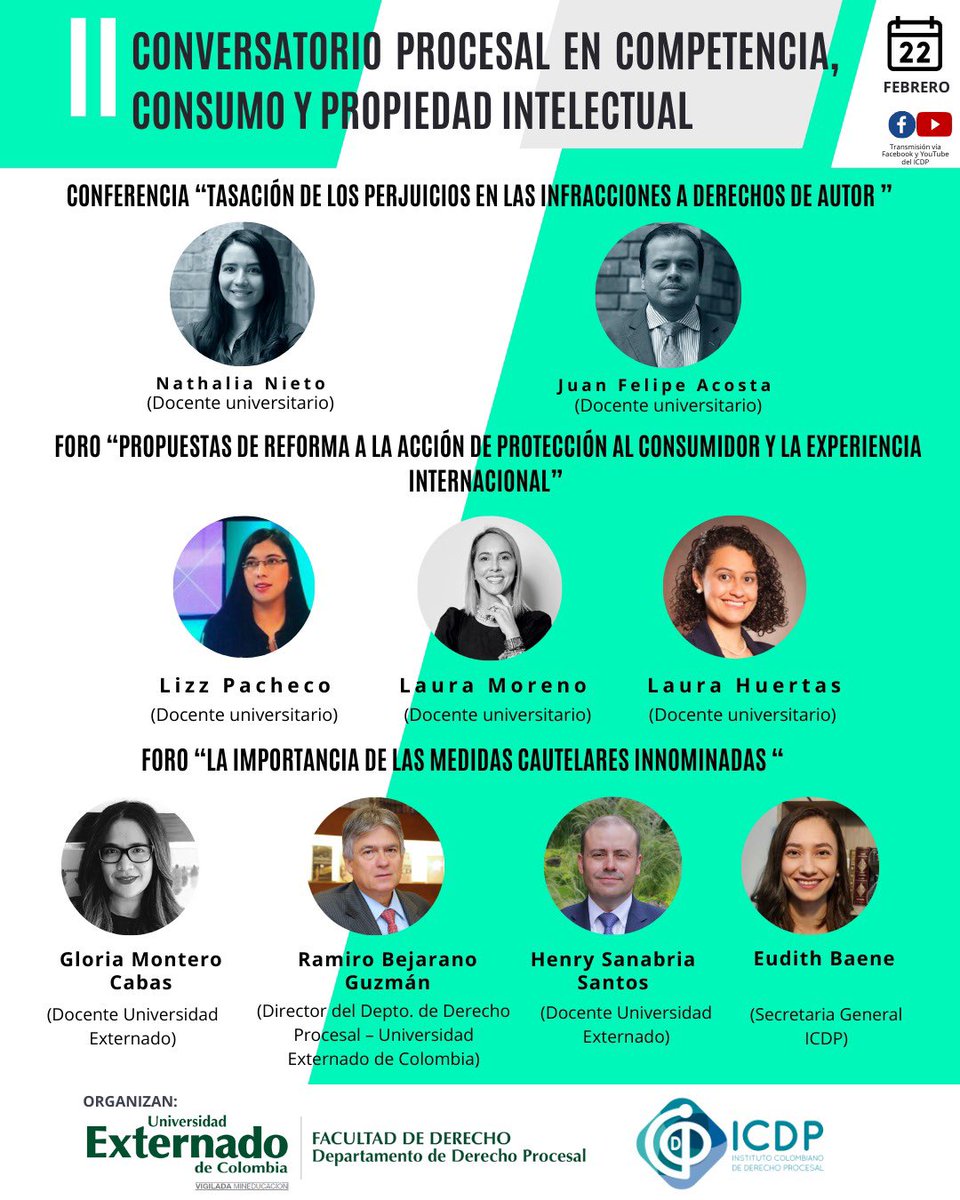 🚨#Agéndate 
Prográmate para el II Conversatorio Procesal en Competencia, Consumo y Propiedad Intelectual, organizado por el Departamento de Derecho Procesal y el <a href="/I_C_D_P/">ICDP</a> 🌐💼

🗓️ 22 febrero 2024 
🛜 Transmisión vía Facebook y YouTube del ICDP

Más info👇🏼
procesal.uexternado.edu.co/ii-conversator…