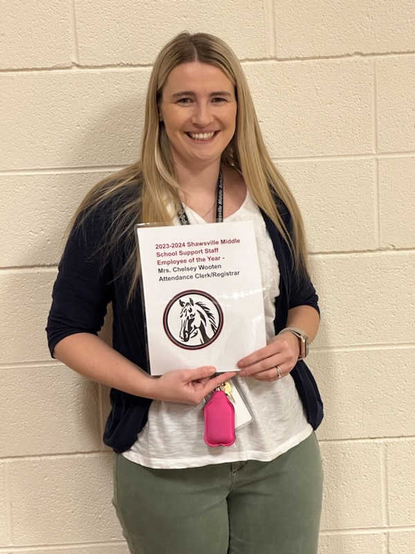 Congratulations to Mrs. Chelsey Wooten, our 2023-2024 Shawsville Middle School Support Staff Employee of the Year!!!!! Mrs. Wooten serves as our Attendance Clerk/Registrar. We are thankful for her going above and beyond each day!!!!!!