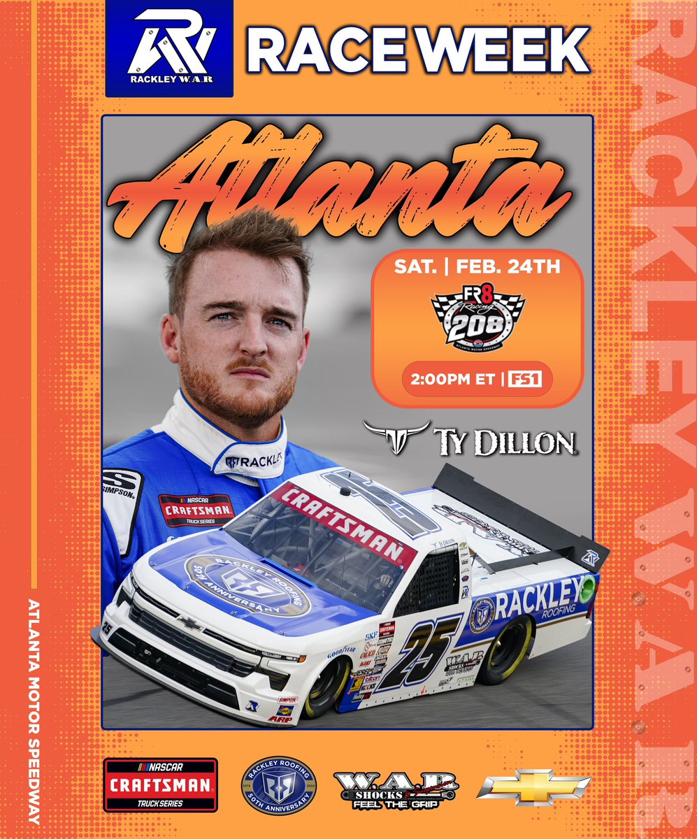 Coming up SATURDAY from @ATLMotorSpdwy, @tydillon and the #RackleyWAR team return for week 2 of the 2024 @NASCAR_Trucks season in the @fr8auctions 208 from the Peach 🍑 State! 2:00 PM ET on #FS1🏁 #NASCAR