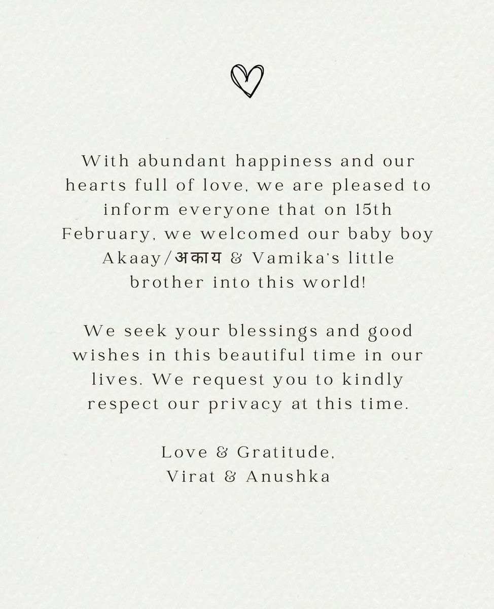 visit India (@visitindia_in) on Twitter photo Congratulations, <a href="/imVkohli/">Virat Kohli</a> and <a href="/AnushkaSharma/">Anushka Sharma</a> for the little one. Lots of best wishes and happiness.тЭдя╕П
#akaaykohli #Akaay #virushka #viratkohli #anushkasharma #vamika #ds #Virat Congratulations, <a href="/imVkohli/">Virat Kohli</a> and <a href="/AnushkaSharma/">Anushka Sharma</a> for the little one. Lots of best wishes and happiness.тЭдя╕П
#akaaykohli #Akaay #virushka #viratkohli #anushkasharma #vamika #ds #Virat