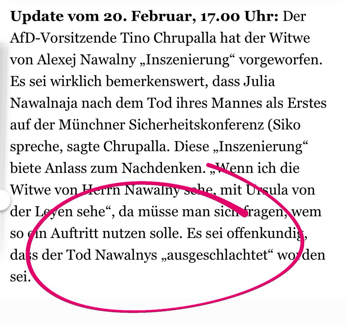 Gedicht-Connaisseur Tino Chrupalla, der seit 4. Oktober in jeder Talkshow über den brutalen Angriff der Terror-Mücke referiert, von dem weder Ärzte noch Ermittler irgendetwas entdecken konnten, findet, nach 4 Tagen wäre der Tod von Alexej Nawalny auch mal genug „ausgeschlachtet“.