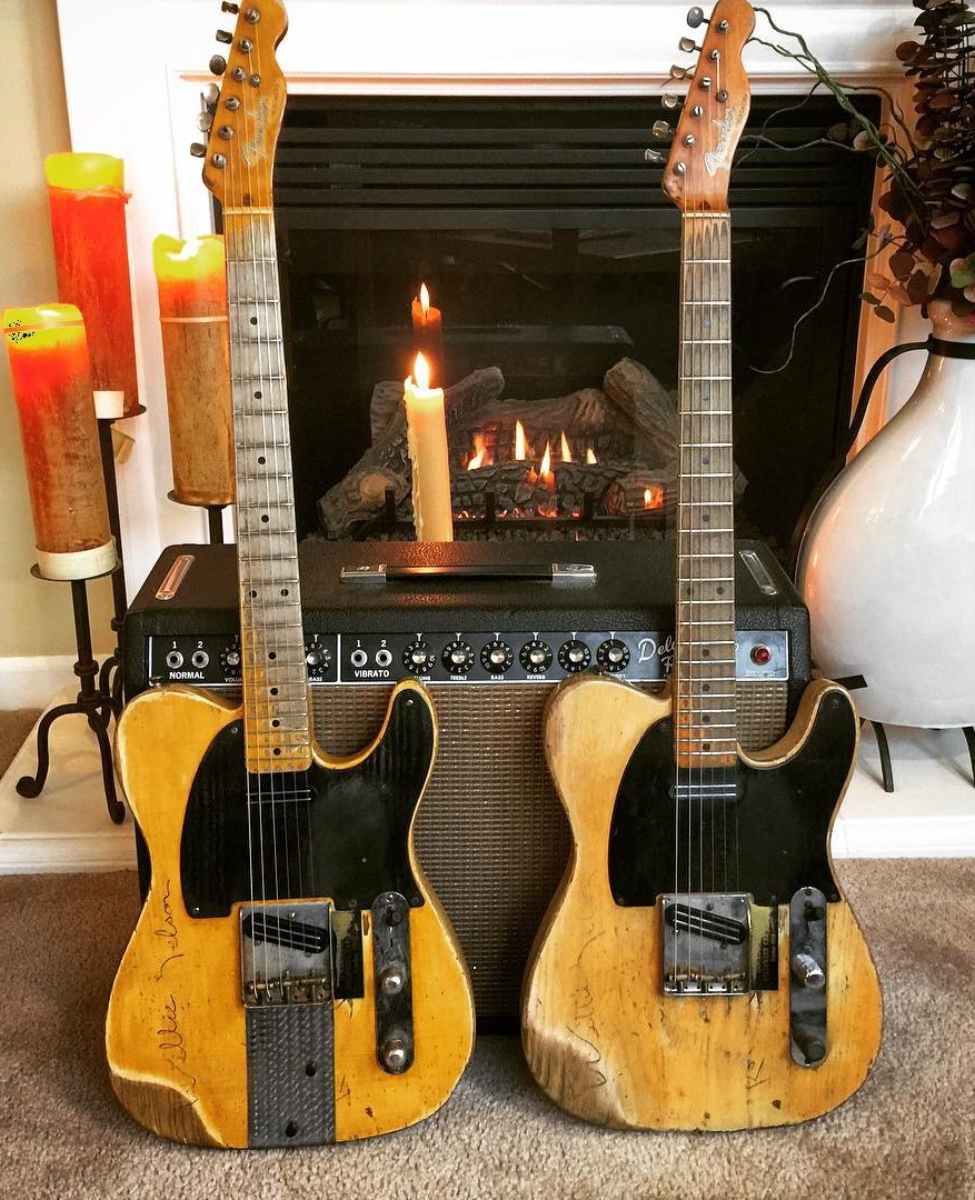 Danny Gatton's original 1953 Fender Telecaster (R) & Cardon Hess's replica of Danny's 1953 Telecaster (L). Danny installed the Joe Barden pickups and also had Willie Nelson and Roger Miller sign the top #guitar #Telecaster #FamousGuitars #DannyGatton