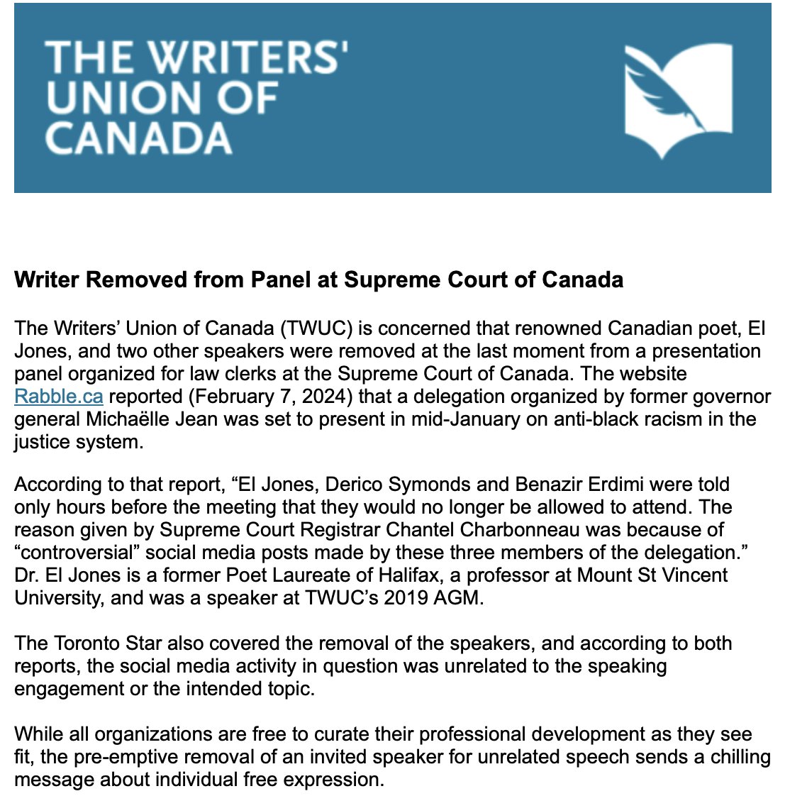 Just received this from @twuc. According to @rabbleca @SupremeCourtCan may be censoring @ElJonesPoet @DericoSymonds and @benazirrrrr for their social media posts on #Palestine and #Gaza? This is not my #Canada