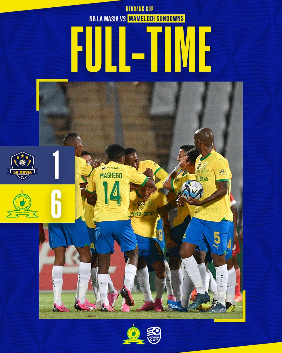 Masandawana's tweet photo. The game ends with an emphatic win for the Brazilians! Last 16 here we come! 🔥

NB La Masia (37' Johnson) 1⃣➖6⃣ Mamelodi Sundowns (18', 39',71' Sirino, 22' Esquivel, 28' Mashego, 49' Maboe)

#Sundowns #DownsLive #NedbankCup https://t.co/nj4GmPBDvg