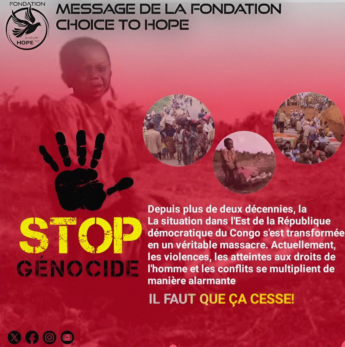 F_choicetohope's tweet photo. 1. Dans l'Est de la République démocratique du Congo, un drame humain se déroule sous nos yeux, loin des regards du monde. Un génocide silencieux ravage des vies, détruit des familles et anéantit l'avenir de tout un peuple. https://t.co/Pvhn9YvGZl