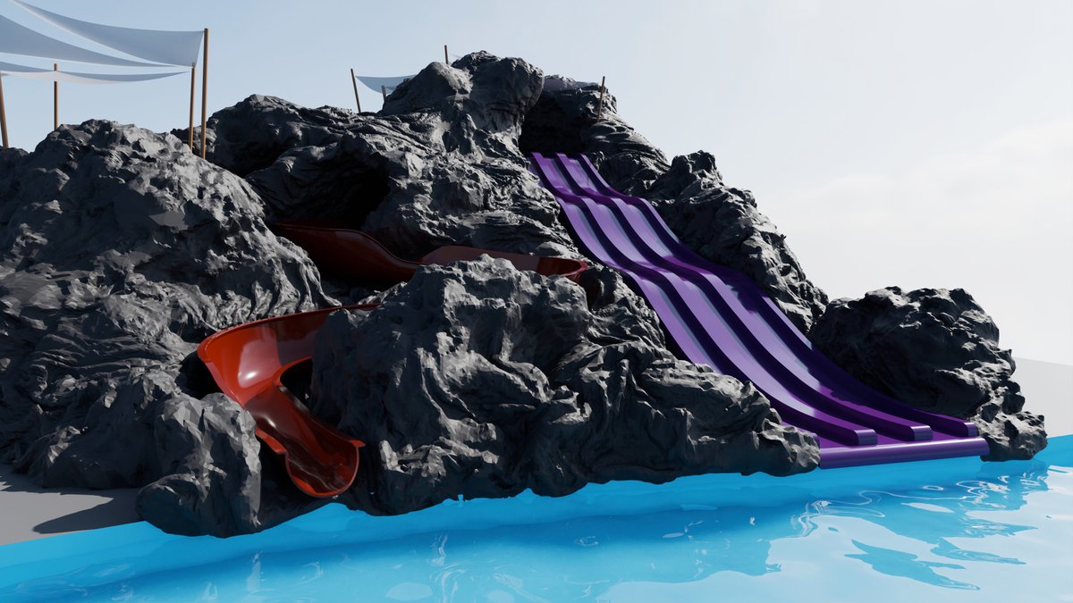 Showcase of rockwork design with two water slides with a combined queue and tunnel. Rockwork design is based on the Hawaii Volcano National Park lava rocks. #rockwork #design #rock #waterslide #slide #themepark #themeparkdesign #theming #themingdesinger #alexbaams