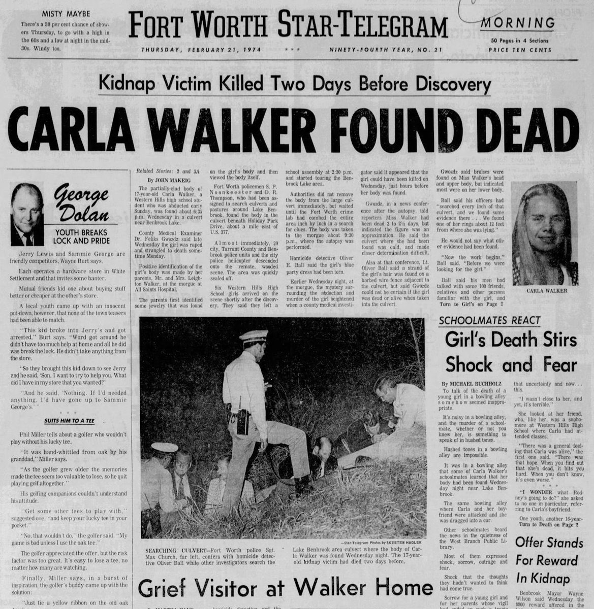50YearsAgoLive's tweet photo. The body of 17-year-old Carla Jan Walker, who was abducted three days ago in Fort Worth, is found at Lake Benbrook, Texas. 

She had been alive for two days after her abduction, in which time she was beaten, raped, and strangled to death. Her killer remains at large. https://t.co/UOovpHURHN