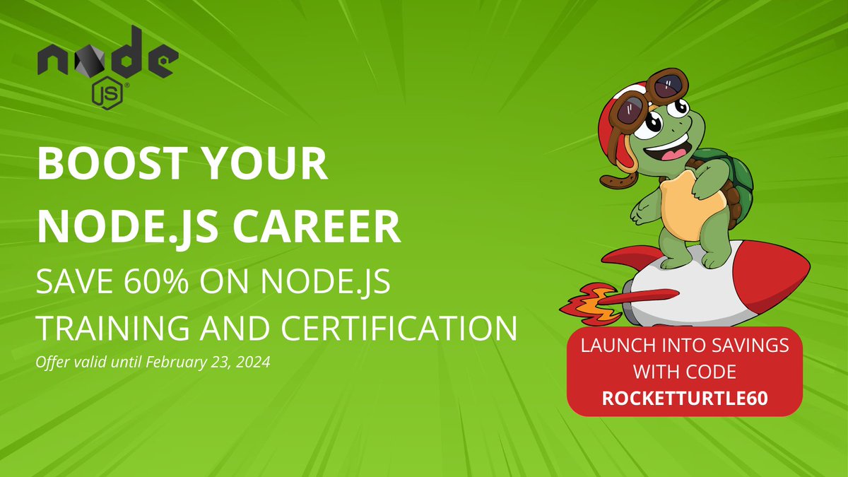 nodejs's tweet photo. In honor of our new mascot, we're offering 60% off Node.js training and certification 🚀✨💚

Valid until February 23 with code ROCKETTURTLE60: https://t.co/5a9OUdNLwl https://t.co/nXNZPzHZqE