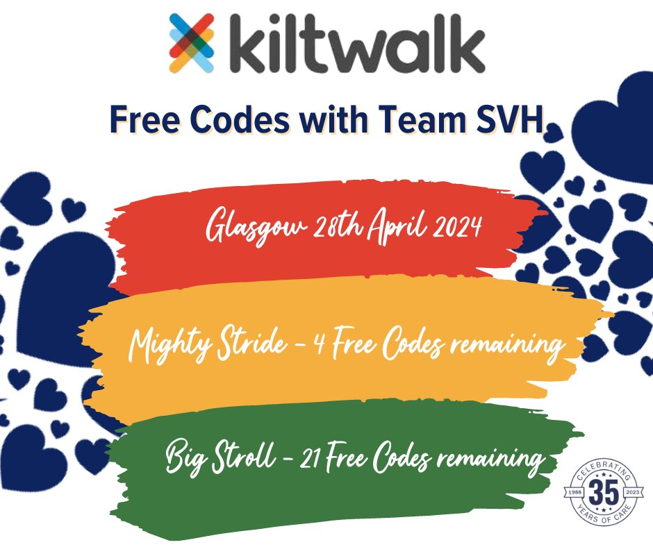 Glasgow Kiltwalk FREE CODES!
We have a few remaining free codes for the Glasgow Kiltwalk which is almost sold out!
Contact the team at📧fundraising@svh.co.uk
🚶Mighty Stride 
🚶‍♂️Big Stroll
#GlasgowKiltwalk #NotAllHeroesWearcapesTheyWearKilts