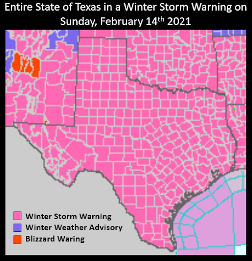NOAANCEI's tweet photo. Did you know in February 2021 every county in Texas was placed under a Winter Storm Warning?  Prior to this billion-dollar weather disaster, Texas had not seen widespread cold temperatures since 1989! Read more at: https://t.co/28LIRUq0Na ☃️ https://t.co/I1FsUiEuNv