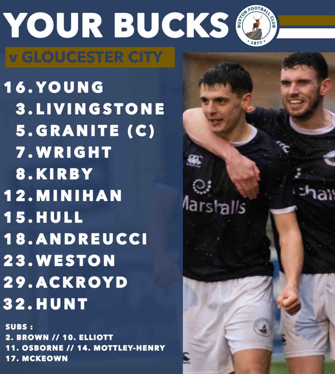 📋⚽️ | 𝗧𝗘𝗔𝗠 𝗡𝗘𝗪𝗦

Jake Hull replaces Luke Shiels in the starting XI this evening, with the latter missing out through illness. 

Sam Osborne returns from injury to fill the space on the bench. Jak McCourt serves the second of his two match ban. 

#UpTheBucks | #TeamBuxton