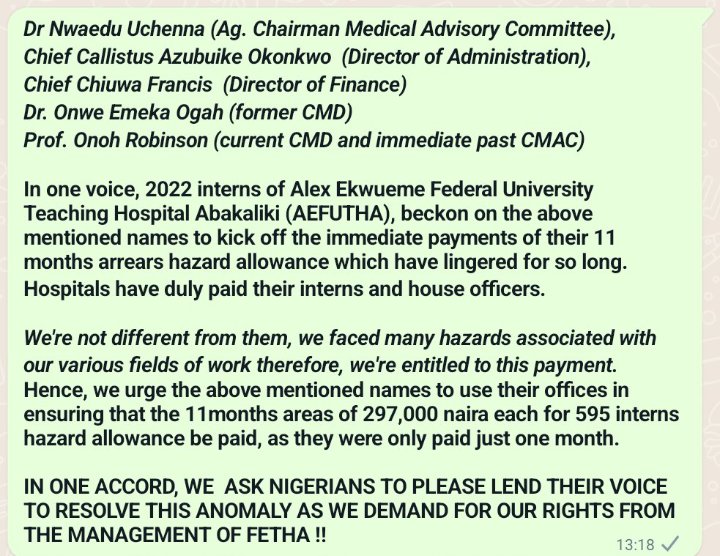 JessicaGugu4's tweet photo. AE-FUTHA pay Interns of
2022 their harzard allowance.
#payhazardallowances
#FETHA
#FETHAPAYUS
#INTERNSOF2022 https://t.co/UHn9bhSh2q