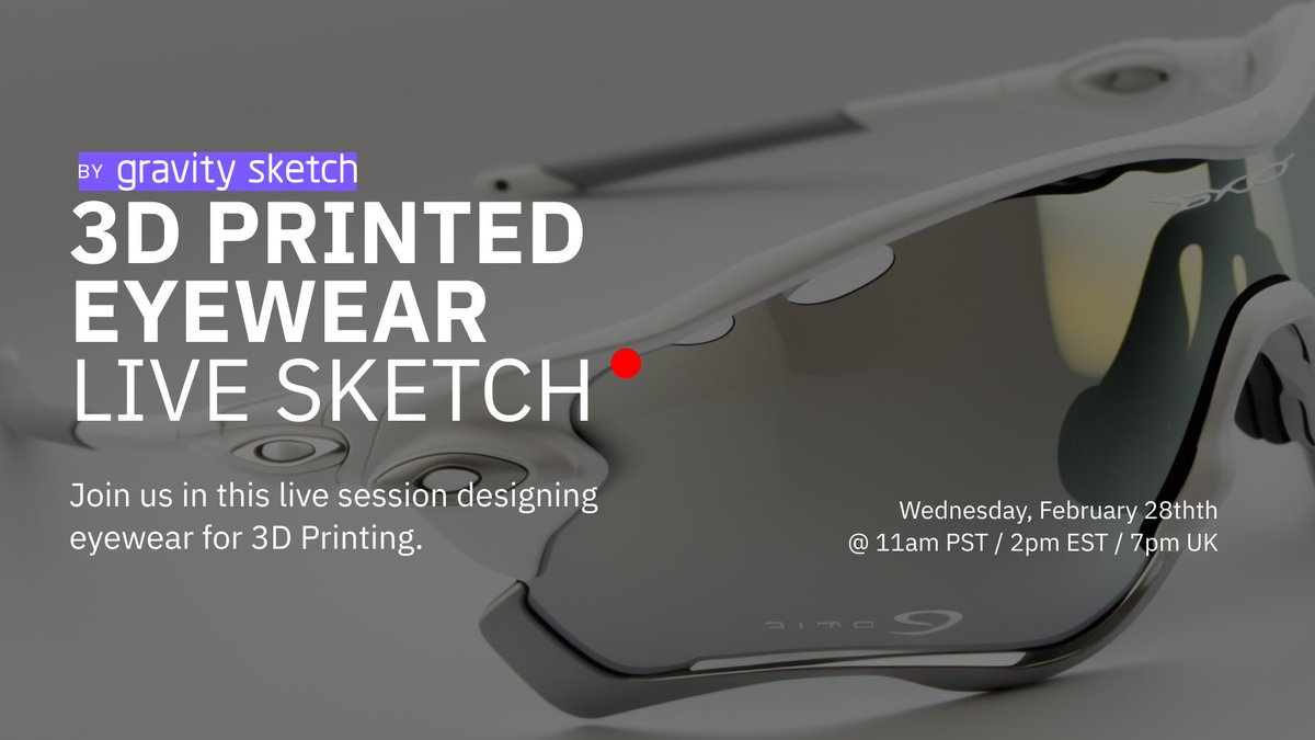 Join us tomorrow for a live sketch creating eyewear in Gravity Sketch for 3D Printing⚡️⚡️ youtube.com/live/_GbDcK-xW… #gravitysketch #design #3dprinting #eyewear