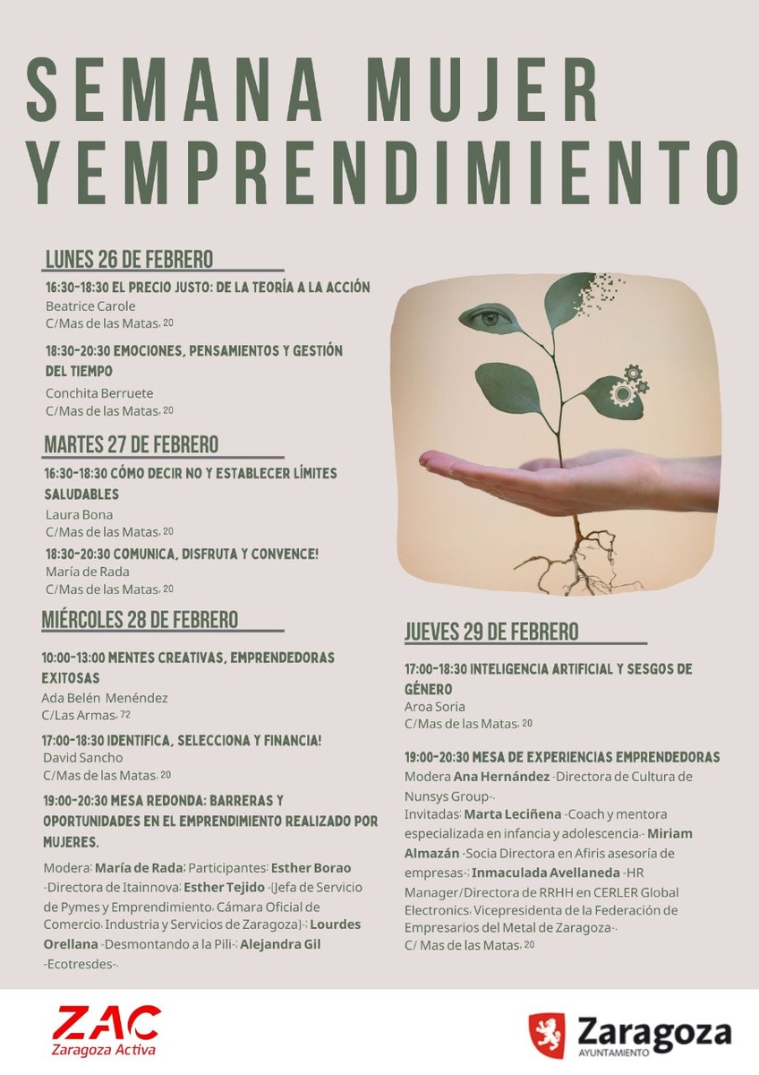 ZGZActiva's tweet photo. 👩💼 Semana de la Mujer y Emprendimiento en Zaragoza Activa:
Emociones, pensamientos y gestión del tiempo ⌛

26 FEBRERO 2024
Horario: 18:30 h
La Azucarera
con Conchita Berruete.

👉 https://t.co/Okn2dnNHrM https://t.co/PG9PVNxKRA