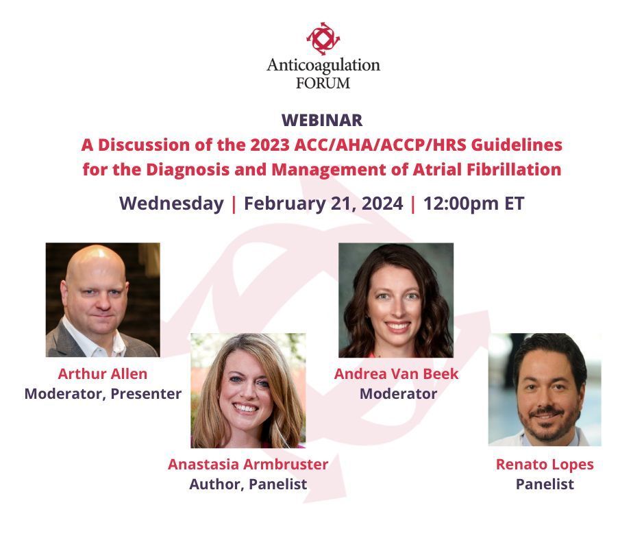 TOMORROW! Join our webinar on the 2023 #AFib 💓 Guidelines from <a href="/ACCinTouch/">American College of Cardiology</a>, <a href="/American_Heart/">American Heart Association</a>, <a href="/ACCP/">ACCP</a>, <a href="/HRSonline/">Heart Rhythm Society</a>. 

Discussing the updates will be:
✔️ <a href="/AAllenPharmD/">Arthur Allen</a>
✔️ <a href="/AVB_AnticoagNP/">Andrea Van Beek</a>
✔️ <a href="/AArmbruster09/">Anastasia Armbruster, Pharm.D., FACC, BCCP</a>
✔️ @RenatoDLopes1

Feb 21 @ 12 noon ET

Register here: bit.ly/3SFdnqT