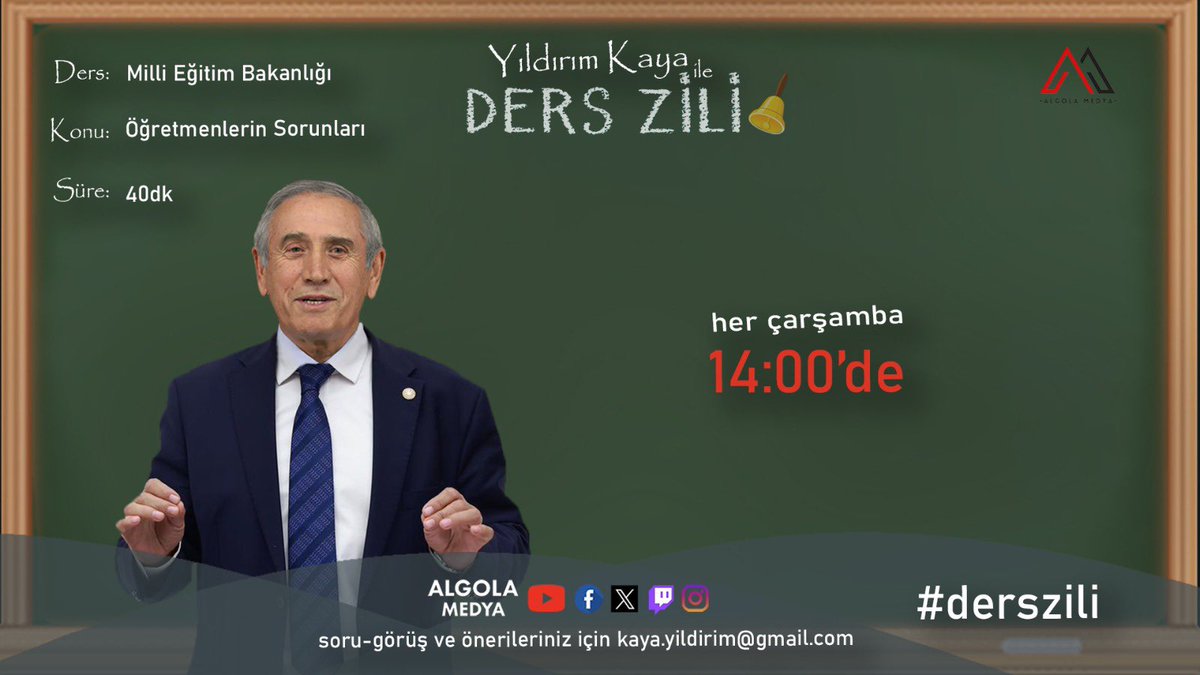 Her çarşamba günü saat 14.00’da <a href="/AlgolaMedya/">ALGOLA MEDYA</a> da öğretmenlerin ve eğitimin çözülmeyen sorunlarını konuşalım. #TürkUzaya3000FizikMebe
