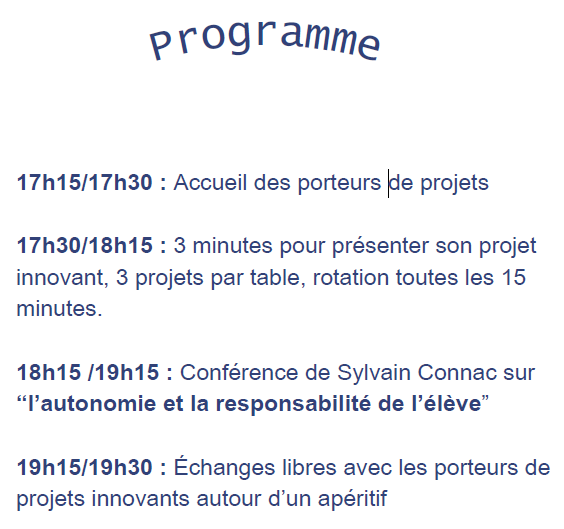 J-16 Soirée de l'Innovation de l'Aire Urbaine de l'<a href="/acbesancon/">Académie de Besançon</a> au collège Lou Blazer à Montbéliard le 7 mars. Au programme : présentation des projets PARDIE et #NEFLE et conférence de <a href="/ConnacSylvain/">Sylvain Connac ▶️🐘</a> sur l'autonomie et la responsabilité de nos élèves.