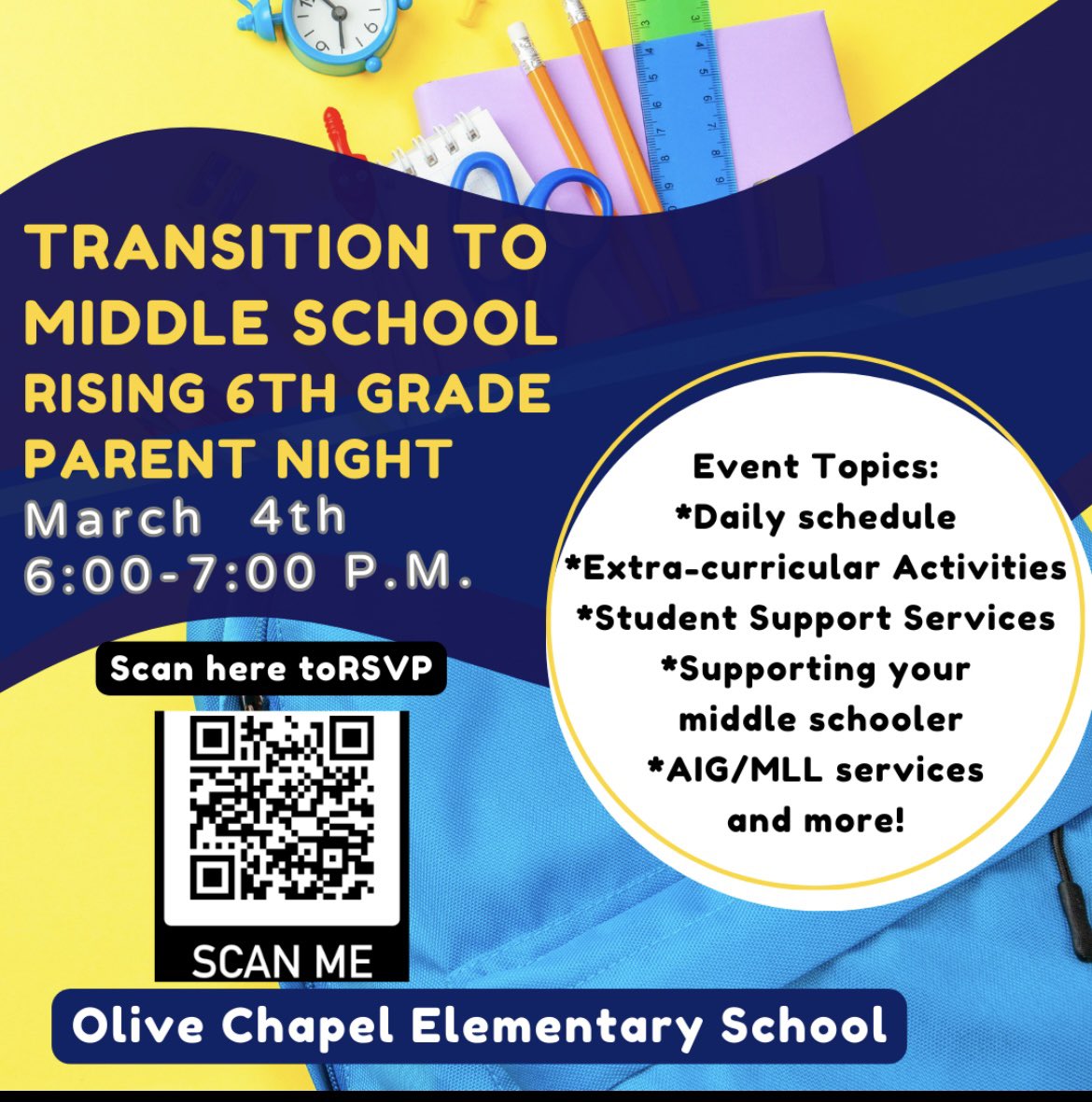 We are excited to meet with all 5th grade parents on Monday, March 4th at 6:00 to talk with you about the middle school transition! Please RSVP using the link that was emailed out to you by your child's teacher. We value your input. See you soon! <a href="/OliveChapelElem/">Olive Chapel Elementary School</a> <a href="/ErinKelleyMay/">Erin May at OCE</a>