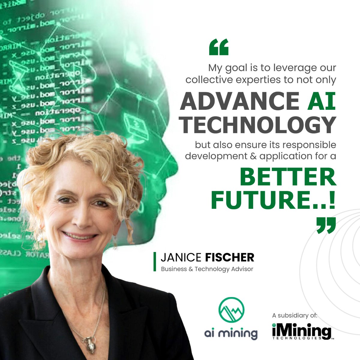 aimining_tech's tweet photo. News!

Janice Fischer, a distinguished business executive &amp; tech leader, joins AiMining Technologies' Advisory Board, a subsidiary of iMining Technologies Inc. With 25+ years at IBM, Janice brings invaluable insights to drive AI innovation responsibly. 

#AIMining #AIInnovation https://t.co/sn5L627qFS