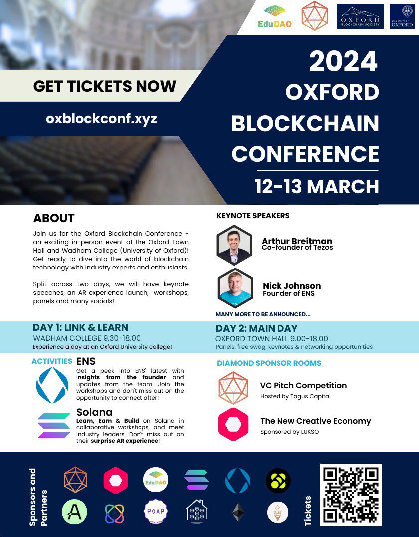 3 weeks to go!

Join us at the 2024 Oxford Blockchain Conference: March 12th - 13th, 2024 💻

🚀 Dive into the world of blockchain 🌐 learn + network with experts! Explore cutting-edge workshops… oh, and grab the best swag 🕶️

Get your tickets now! 🎟️➡️ bit.ly/oxblockchain24