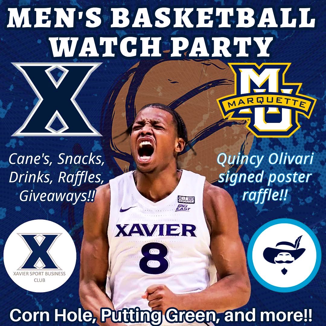 Xavier_SBC's tweet photo. Join us at the Men’s Basketball WATCH PARTY this Sunday (2/25). Co-hosted with @xtreme_fans, it will be a slam dunk of a good time!! 🏀🎉 #xumusketeers #xumensbasketball #xtremefans #xavieruniversity 

Must RVSP on EngageXU by Sunday (2/25) in order to participate in this event!! https://t.co/ZoVwH7Af6j