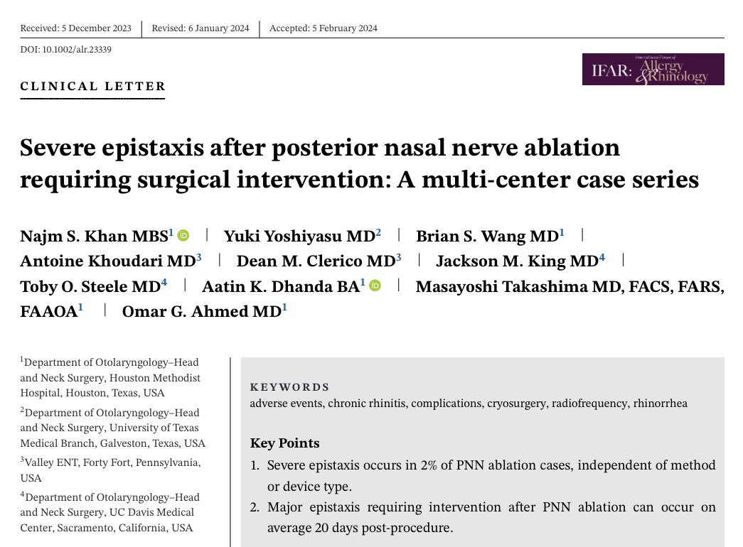 Another multi-institutional 1st authorship by our Clinical Research Fellows! An unbiased look at the potential rare complication that can be seen with all PNN ablation techniques. Proud to see Dr. Ahmed continue to lead in this arena. @sinusspecialist @HMethodistOTO @ifar_journal