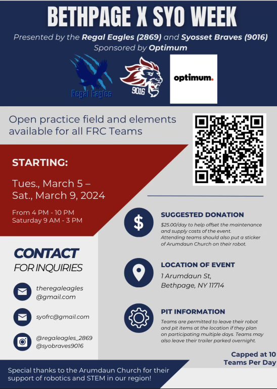 If you’re looking for additional practice before your regional event be sure to check out our newest week long addition to Regal Eagle Rampage. In collaboration with Syosset, Team 9016, we are hosting a week-long practice field event at our local church building.🦅💙