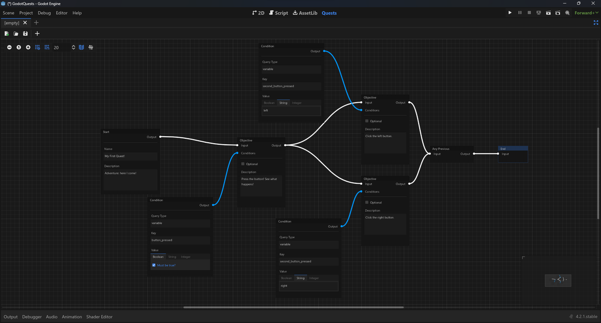 Huh, turns out writing editor plugins in <a href="/godotengine/">Godot Engine</a> is not as hard as it looks. Sure, it has its caveats, but I was able to hack together a simple MVP of a graph-based quest editor in a couple of days. Its UX still sucks, but hey - you got to start somewhere #GodotEngine