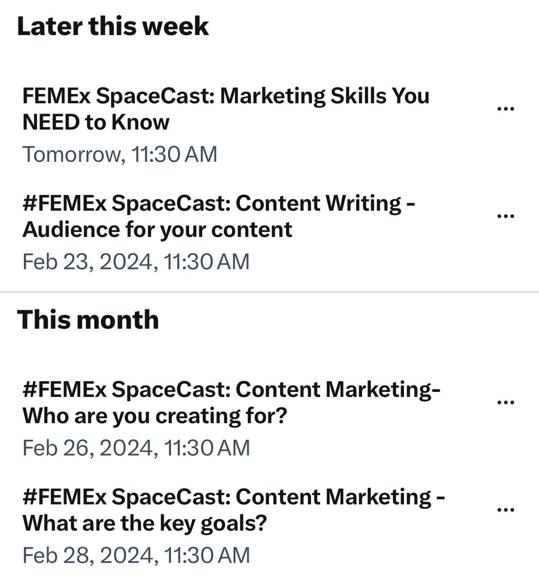 jesswithaquest's tweet photo. The #FEMEx SpaceCast is getting revamped.
Spaces will be:
Monday 11:30am
Wednesday 11:30am
Friday 11:30am
We will be answering the:
- Who
- What
- When
- Where
- Why
- How
of Content Marketing & Content Writing for freelancers & online service providers.
Do you see one that you’re interested in?