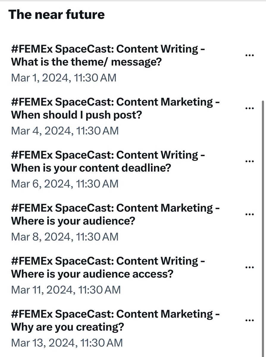 jesswithaquest's tweet photo. The #FEMEx SpaceCast is getting revamped.
Spaces will be:
Monday 11:30am
Wednesday 11:30am
Friday 11:30am
We will be answering the:
- Who
- What
- When
- Where
- Why
- How
of Content Marketing & Content Writing for freelancers & online service providers.
Do you see one that you’re interested in?