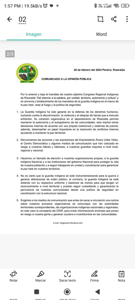 indigenasCRIR's tweet photo. El CRIR Que agrupa a 12 Autoridades indígenas del Departamento de Risaralda Rechaza los señalamientos realizados por el Expresidente Álvaro Uribe Vélez a la Guardia Indígenas del Municipio de Mistrató. https://t.co/0w8G4XZDmU