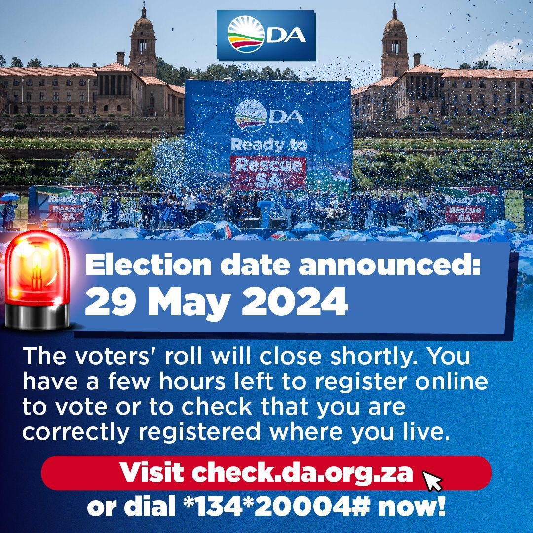 Paledian's tweet image. That’s it President Cyril Ramaphosa has announced the date to remove him and his criminals out of government as the 29th of May 2024

Please register quickly before online registration closes tonight to remove ANC and Vote for DA.

#Election2024 #proclamation