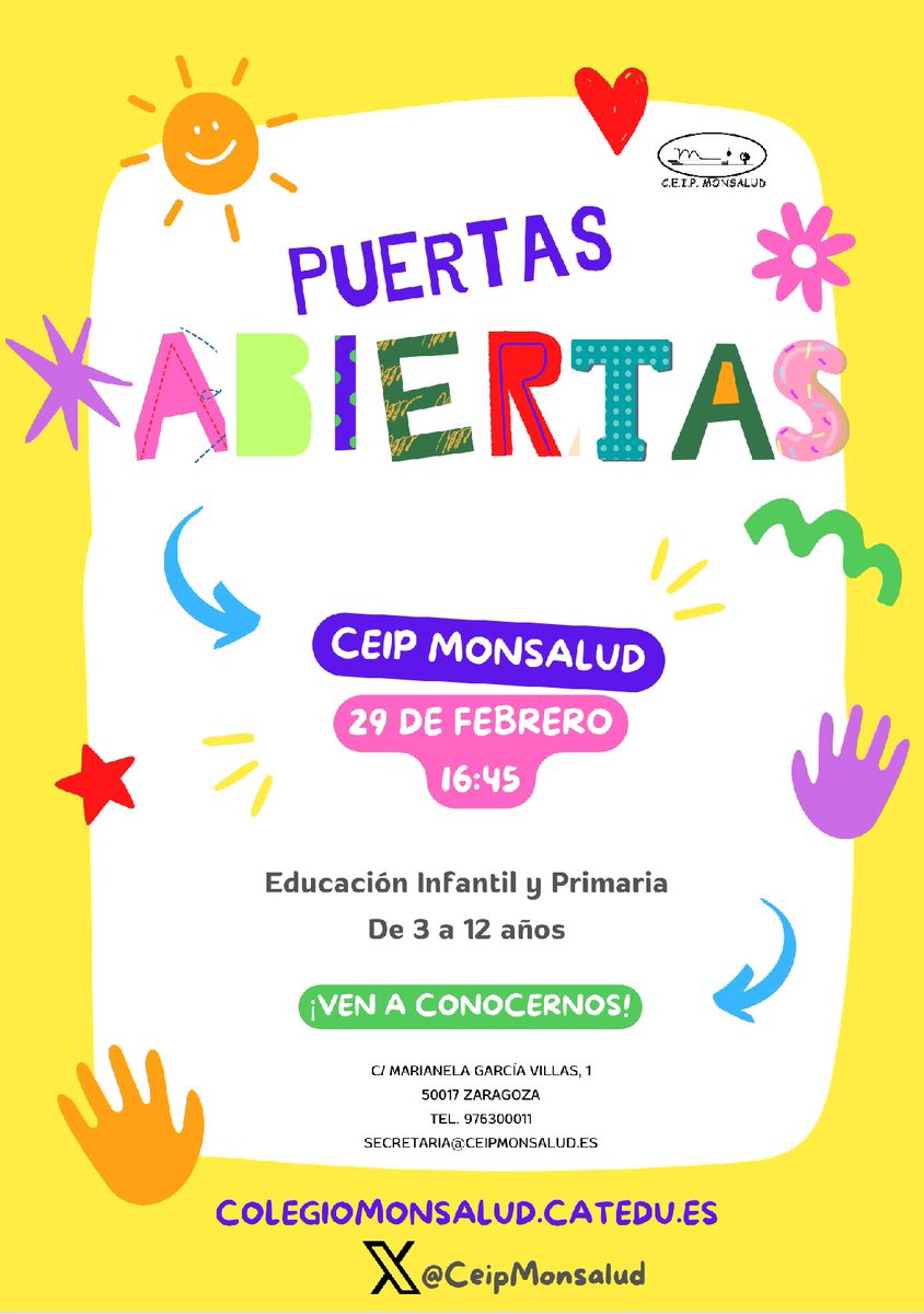 🔊 Jornada de puertas abiertas 🔊 🗓️ 29 de febrero 🕰️ 16:45 📍 C/Marianela García Villas, 1 Ven a conocernos ¡te esperamos! #puertasabiertas #infantil #escolarización24 #zaragoza