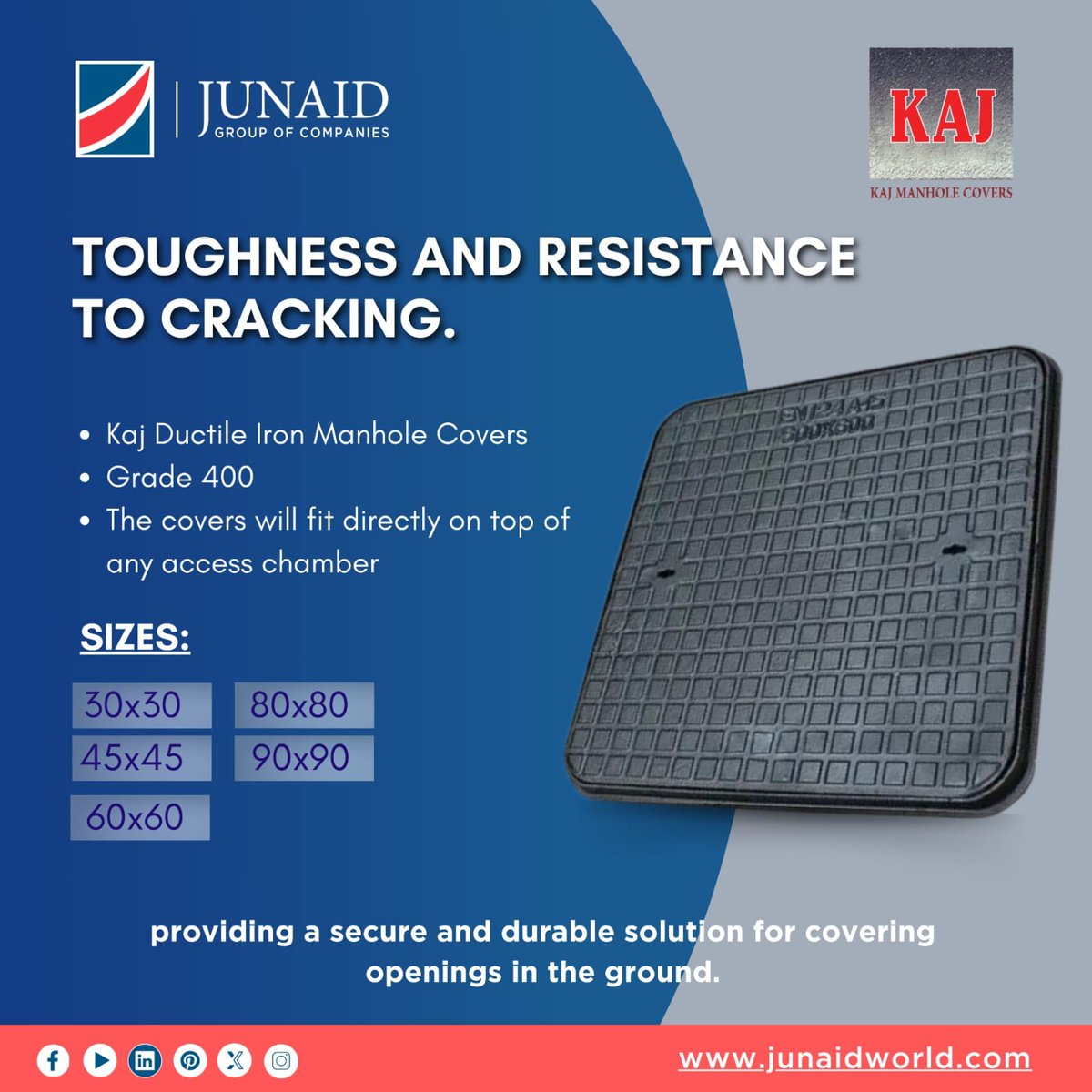 JUNAIDGROUP's tweet photo. "Unleash Durability and Strength with KAJ Ductile Iron Manhole Covers! 🛡️✨ Elevate your infrastructure with our high-performance, corrosion-resistant manhole covers. Built to withstand the toughest conditions, these covers redefine durability. https://t.co/jI1TydeYH7