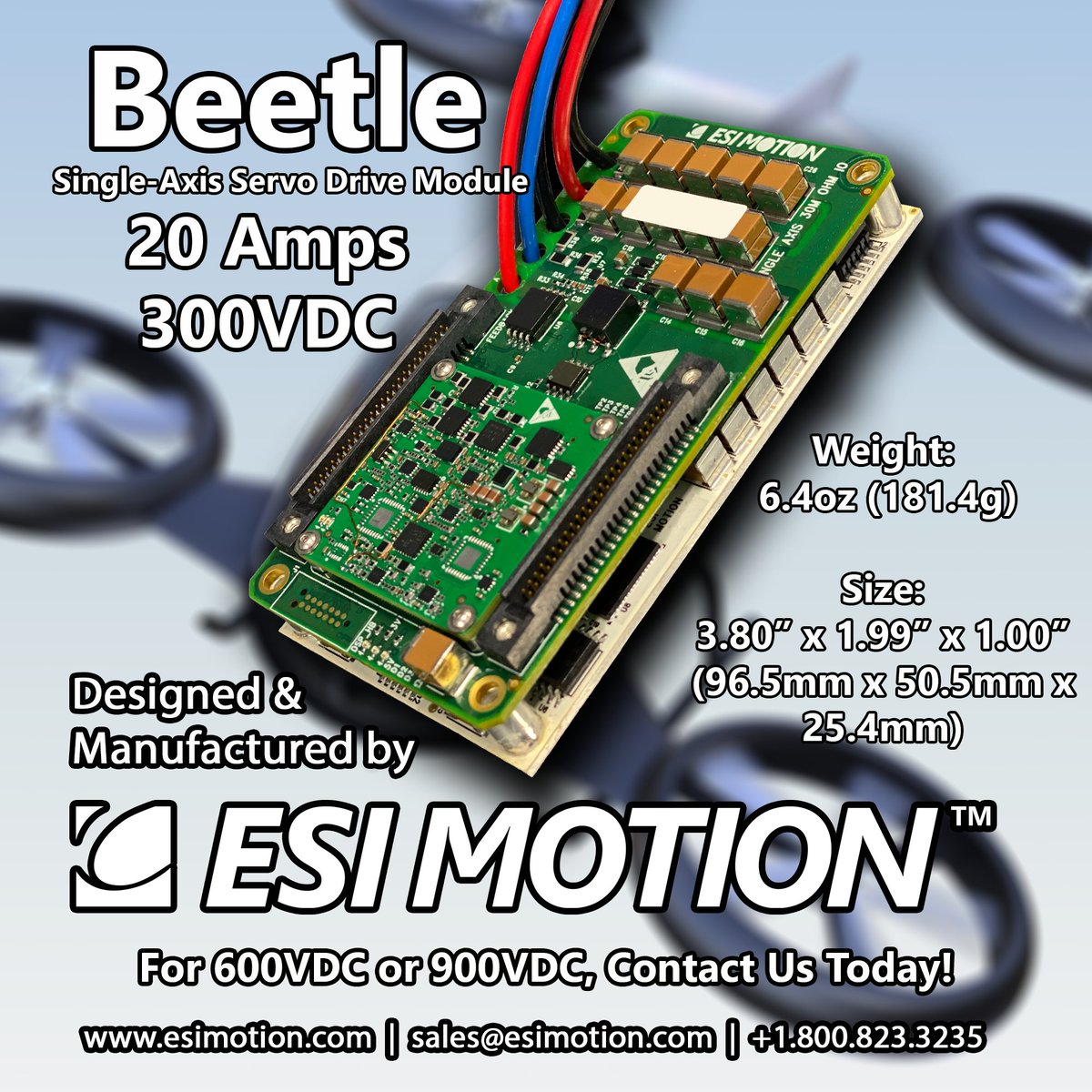 ESI's Beetle is Perfect for #UAV and #eVTOL applications!

For Questions and Inquiries, Contact Us Directly Today!
💻 esimotion.com
📧 sales@esimotion.com
📱 +1.800.823.3235

Need 600VDC or 900 VDC controller? Email us at sales@esimotion.com

#motioncontrol #servodrive